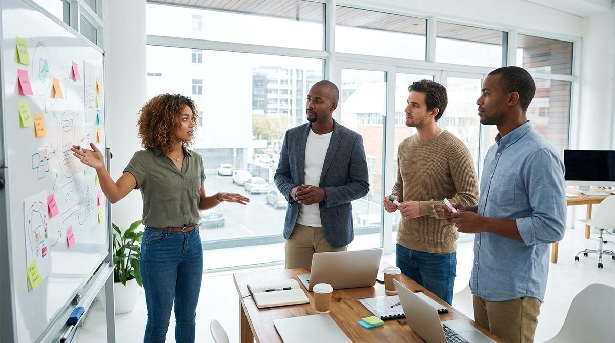 Creative team brainstorming together in a modern agency meeting room